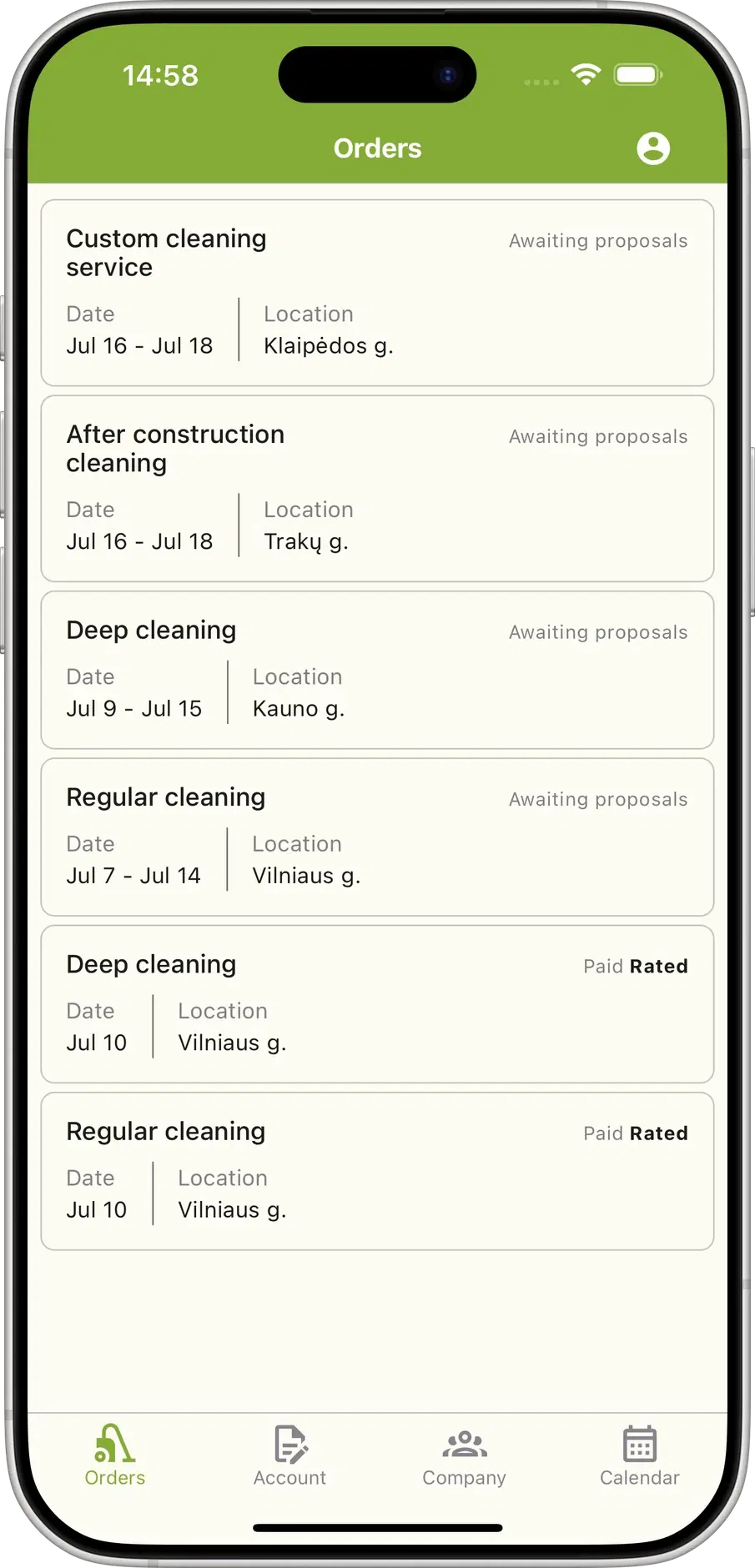 Get cleaning service orders
